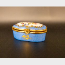 Charming Small French Porcelain Casket in Blue with Floral &amp; Gilt Detail