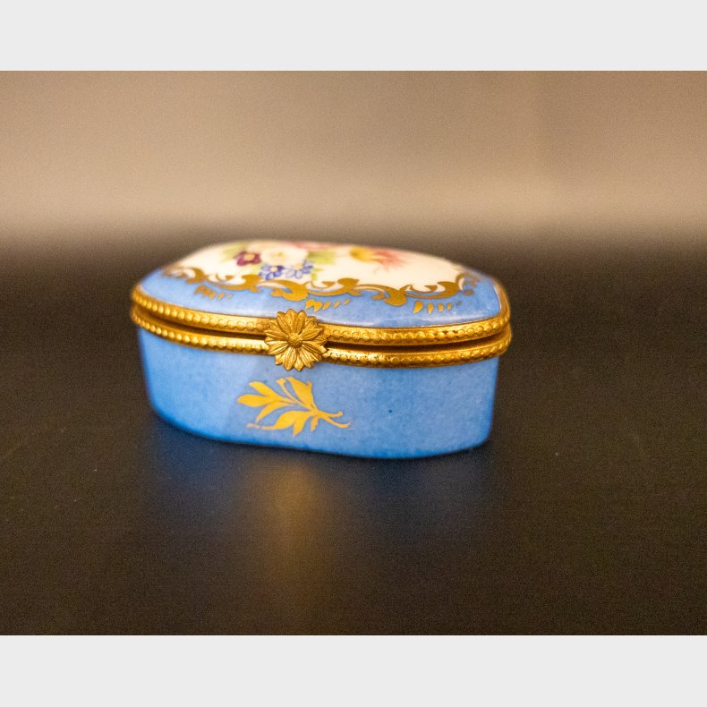 Charming Small French Porcelain Casket in Blue with Floral &amp; Gilt Detail