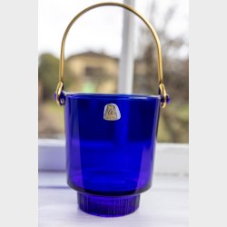 Riihim�ki Cobalt Blue Crystal Ice Bucket with Brass Handle