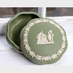 Vintage Wedgwood Green Jasperware Lidded Trinket Box with Classical Relief Design