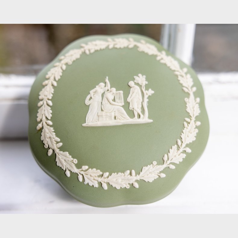 Vintage Wedgwood Green Jasperware Lidded Trinket Box with Classical Relief Design