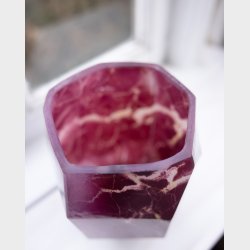 Vintage Asymmetrical Hexagonal Art Glass Vase � Deep Rose Marbled Cased Glass